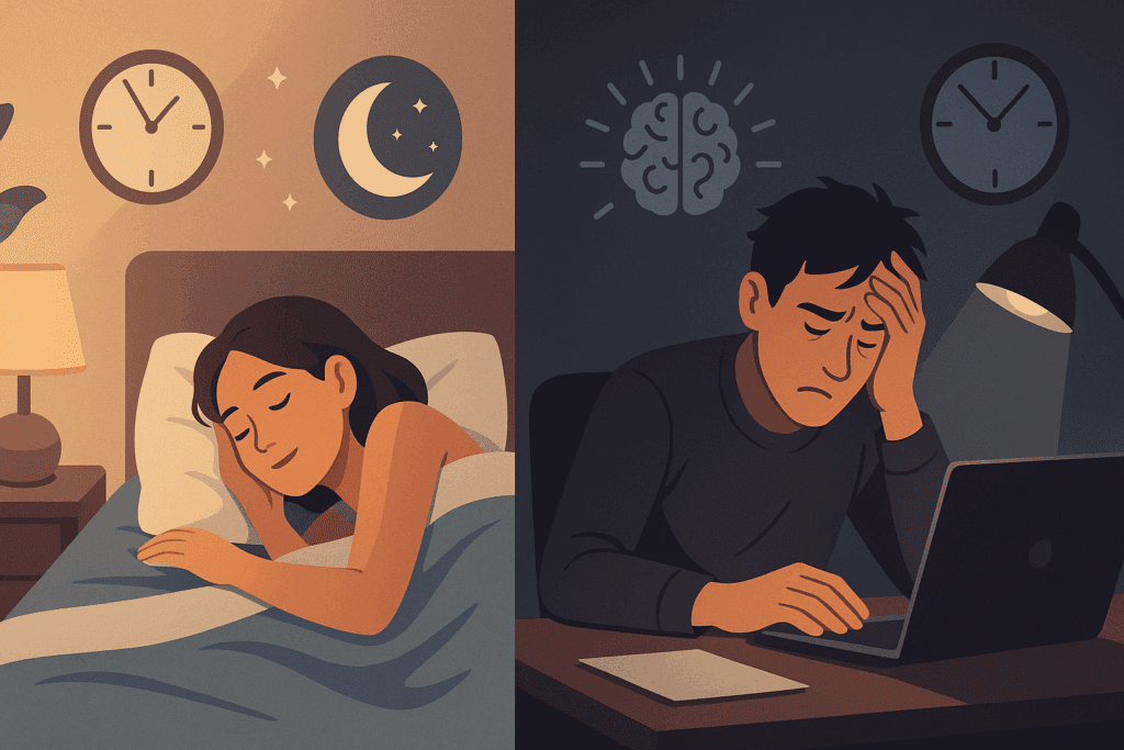 Split-screen illustration showing restful sleep on one side and high stress on the other, symbolizing how sleep and stress affect hormones related to how to lose 5 pounds quickly