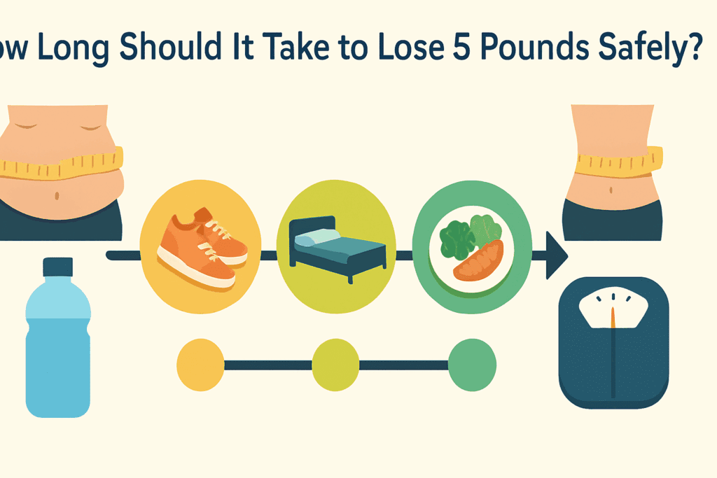 Visual timeline showing week-by-week progress of how to lose 5 pounds quickly using hydration, exercise, sleep, and balanced meals with colorful icons and illustrations