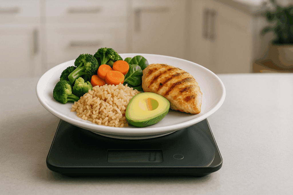 Balanced meal of grilled chicken, brown rice, vegetables, and avocado on a digital scale in a modern kitchen, illustrating How to Drop 5 Pounds in a Week Safely.