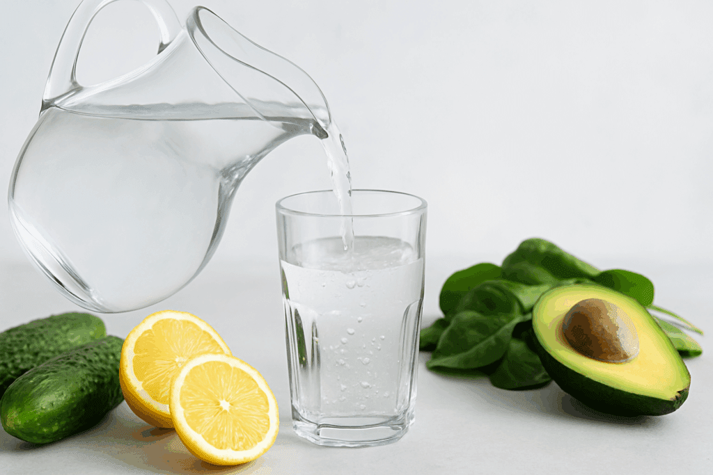 Glass pitcher pouring water into a glass next to cucumbers, lemon slices, spinach, and avocado, representing hydration and natural balance for how to drop 5 pounds in a week safely.