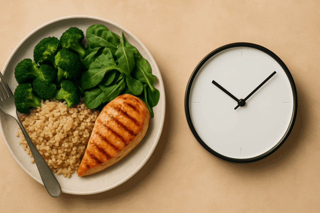 Healthy meal with grilled chicken, quinoa, greens, and a clock symbolizing How to Drop 5 Pounds in a Week Safely through timing.