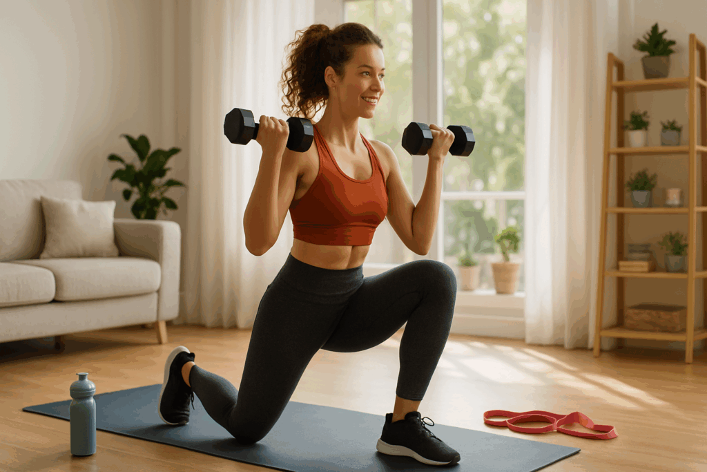 Woman doing strength training with dumbbells at home to show how to drop 5 pounds in a week safely through exercise and healthy habits.