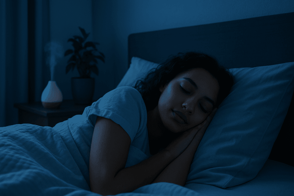 Peaceful woman sleeping in a cool-toned bedroom with a diffuser and plant, supporting relaxation for How to Drop 5 Pounds in a Week Safely
