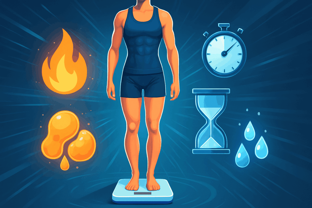 Fit person standing on a scale surrounded by symbols of calorie burn, stopwatch, and melting fat, representing how to lose a pound a day.
