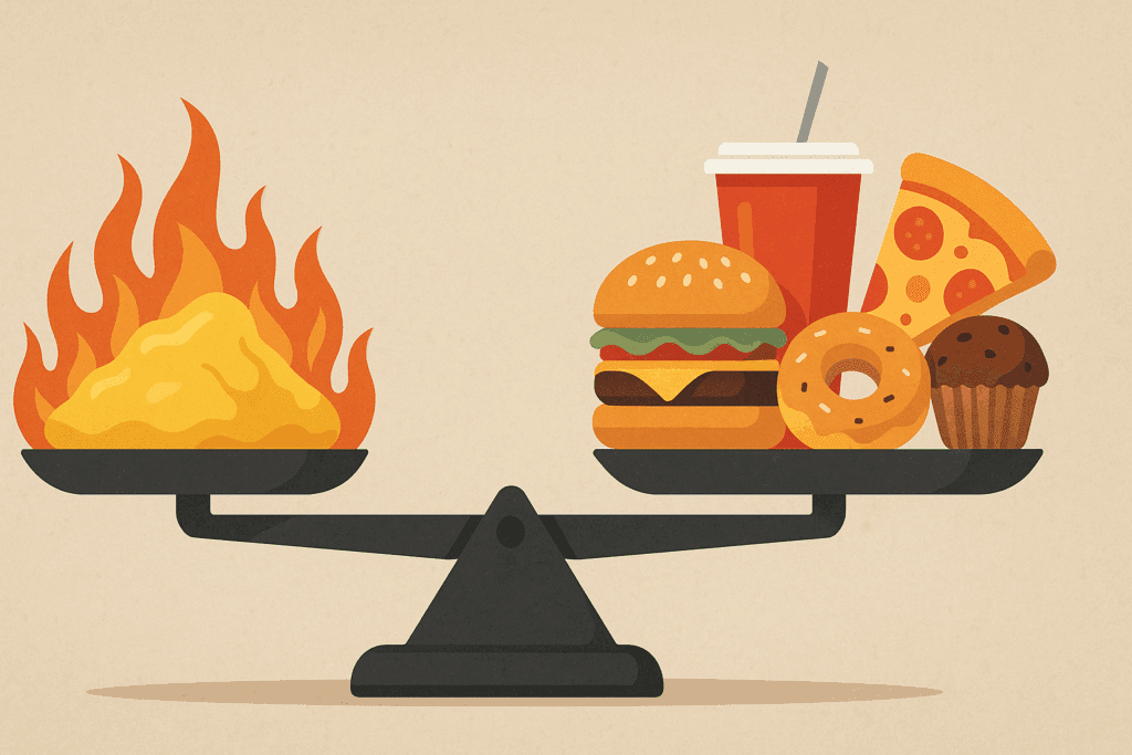 Balanced scale comparing body fat to high-calorie foods like burgers and pizza, symbolizing what it takes to lose a pound a day.