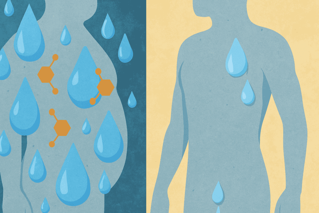 Visual comparison of a bloated body with water retention and a leaner body post water loss, illustrating how sweating and urination help lose a pound a day