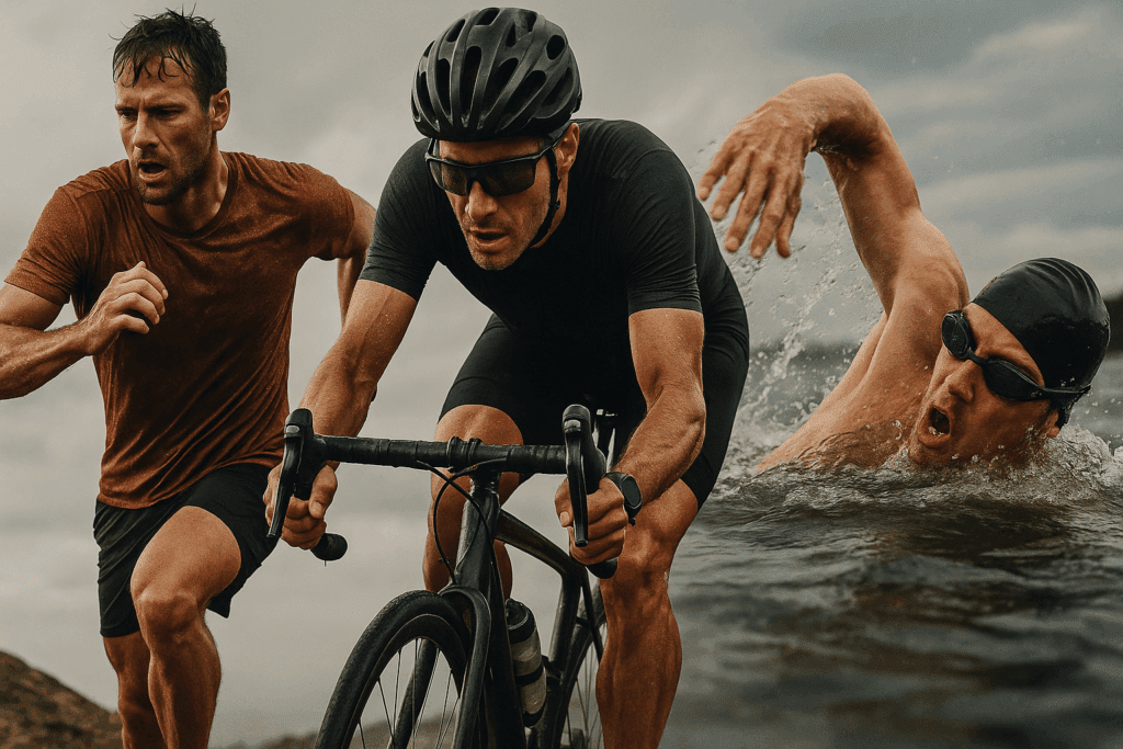 Exhausted athletes running, cycling, and swimming to show how extreme workouts help lose a pound a day