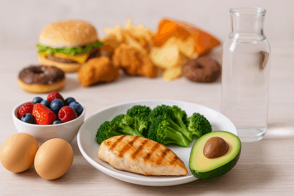 Healthy flat lay meal with grilled chicken, eggs, avocado, berries, and water—ideal for those aiming to lose a pound a day.