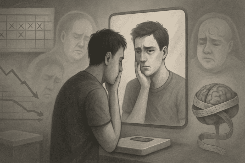 Person looking frustrated in mirror with ghostly self-image distortions, reflecting emotional struggle to lose a pound a day