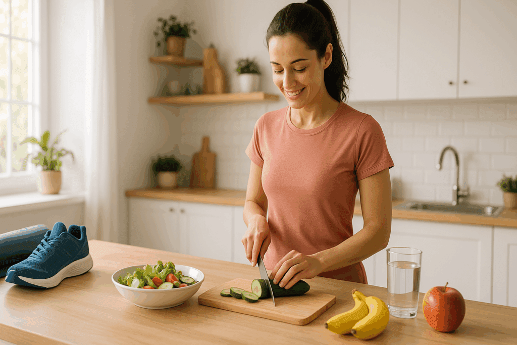 Woman slicing cucumber in a bright kitchen with fruit, water, and fitness gear, symbolizing how to lose a pound a day through healthy habits.