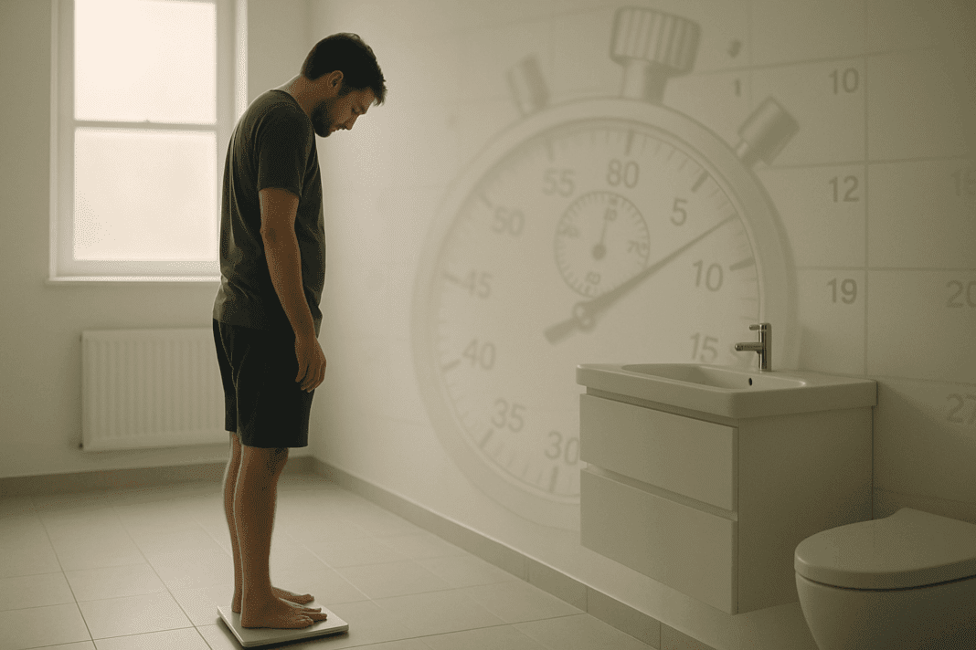 Man standing on a bathroom scale in a minimalist room, reflecting on how to lose 10 pounds in a week, with subtle stopwatch overlay suggesting urgency.