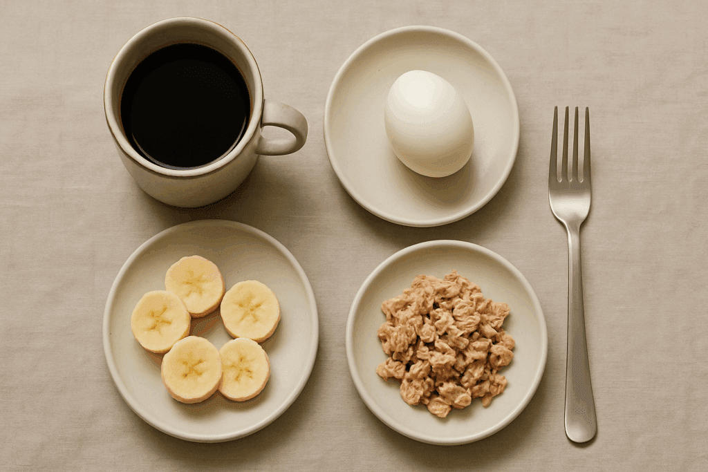 Minimalist 3-day meal plan with black coffee, banana slices, canned tuna, and a hard-boiled egg on plates—diet concept to lose 10 pounds in a week.