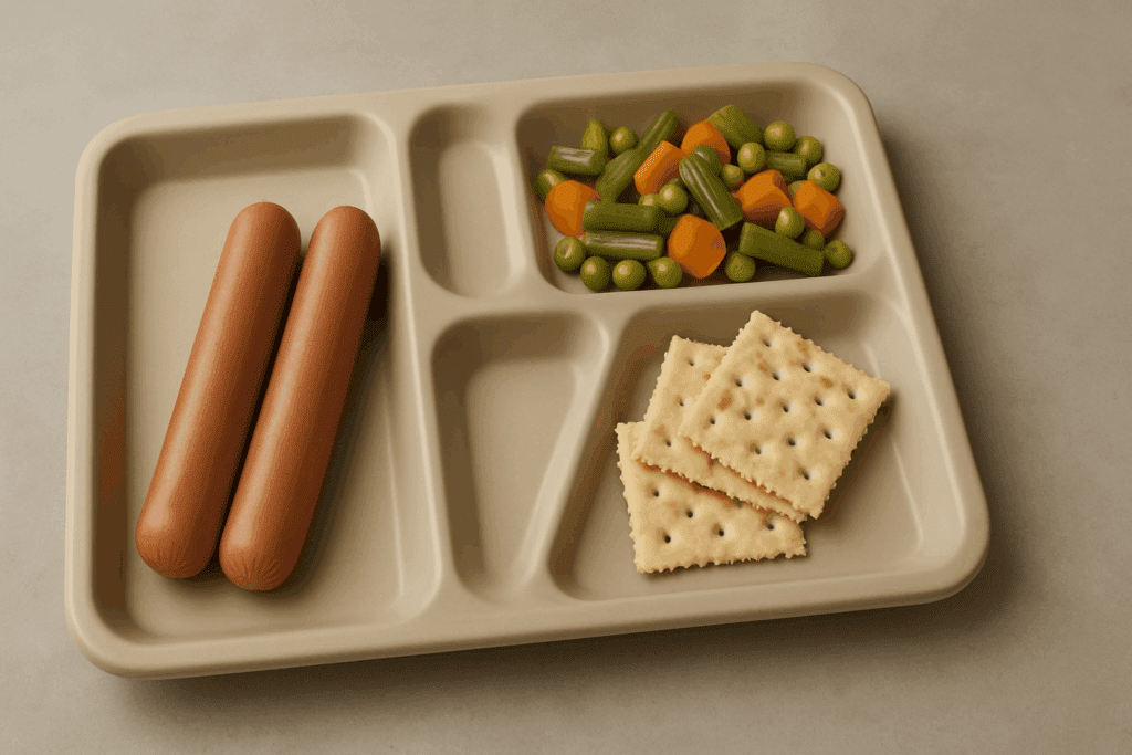 Compartmentalized military-style meal tray with hot dogs, saltine crackers, and vegetables, illustrating the strict food plan used to lose 10 pounds in a week.