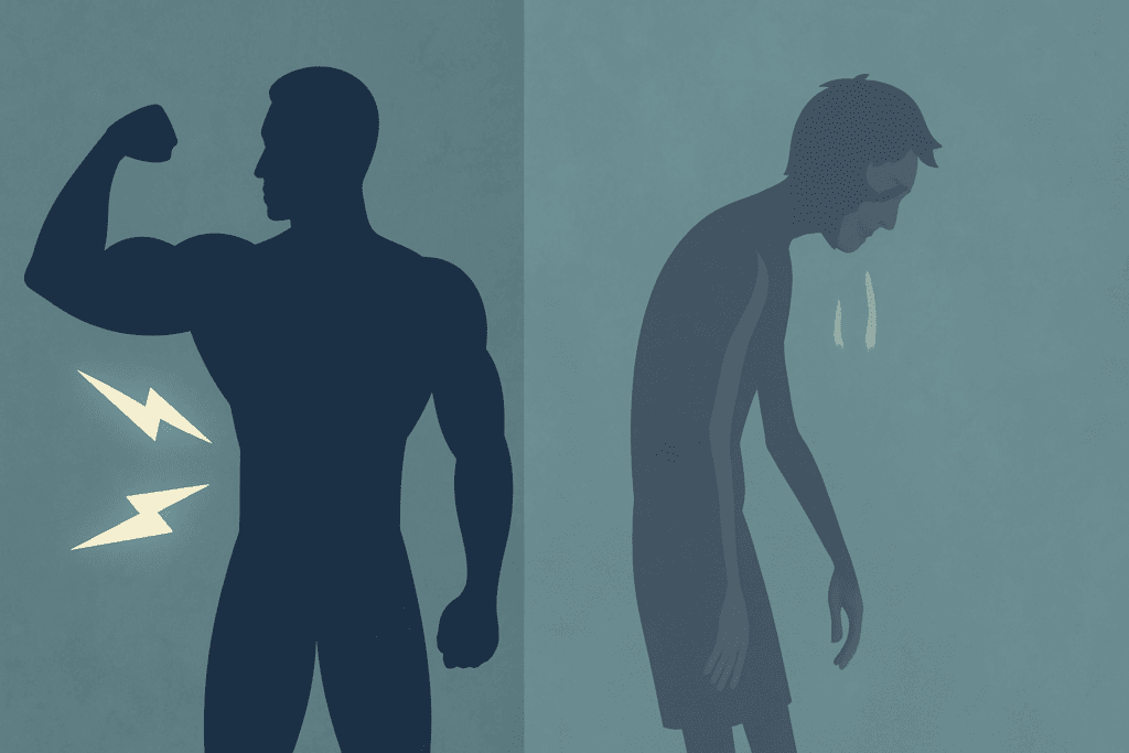 Split illustration of a human figure showing energized muscles on one side and fatigue on the other, symbolizing the physical toll of trying to lose 10 pounds in a week.