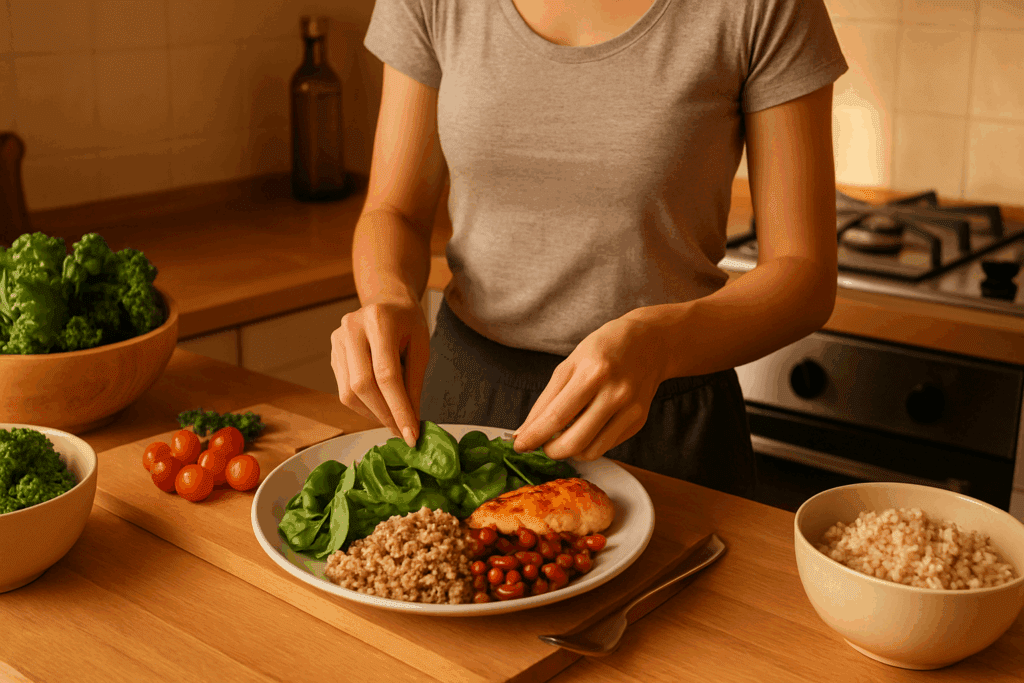Woman preparing a colorful healthy meal with greens, grains, and lean protein to support a plan to lose 10 pounds in a week