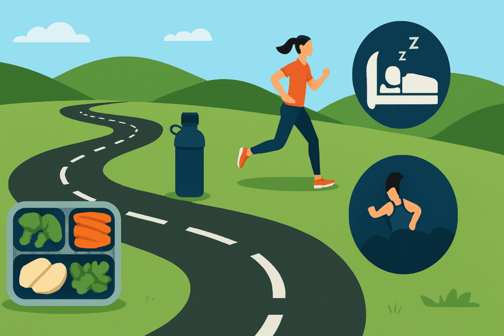 Conceptual illustration of a path to lose 10 pounds in a week, with icons for meal prep, water, jogging, and sleep along a winding road through green hills