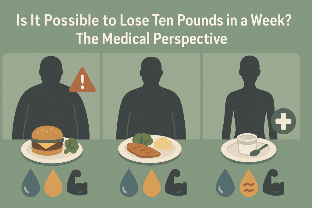 Side-by-side infographic showing three weight loss approaches—rapid, moderate, and medical—used to compare how people lose 10 pounds in a week.