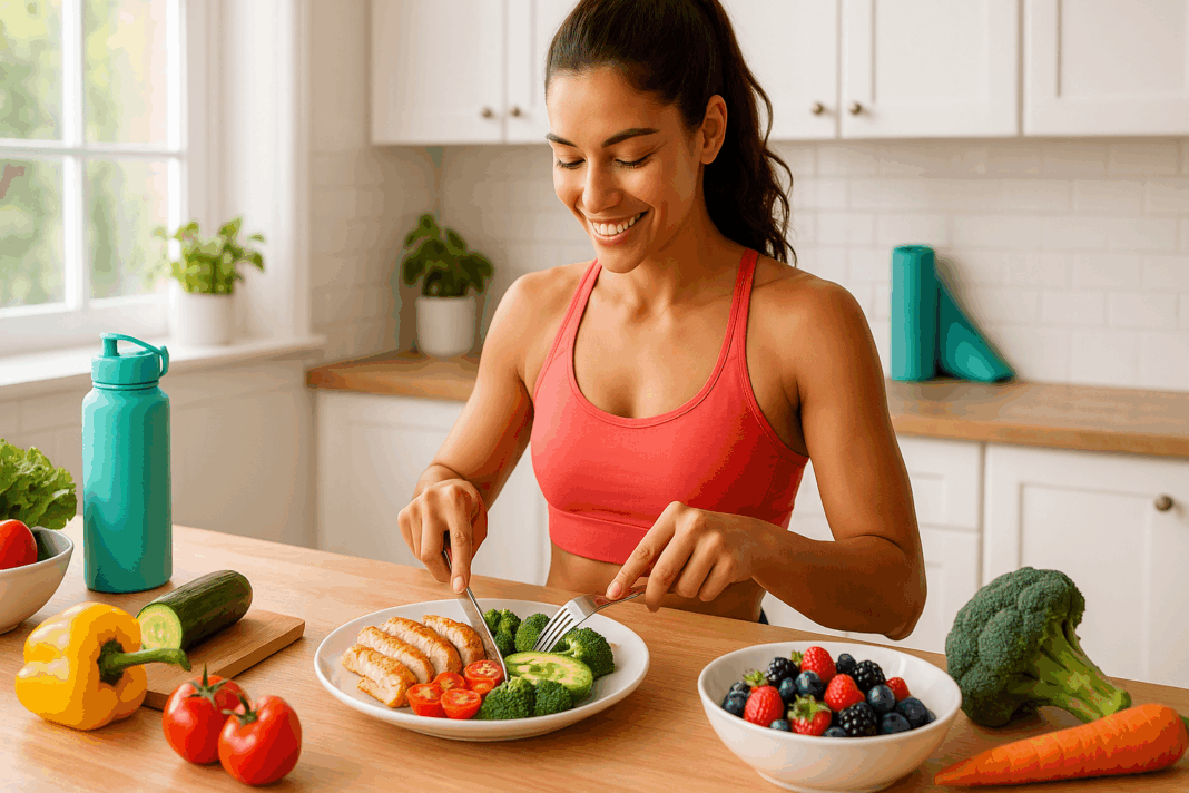 Healthy young woman preparing a colorful whole food meal with fresh vegetables and lean protein, representing How to Lose Weight in 7 Days Safely.