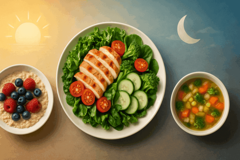 Three plates of whole foods—oatmeal with berries, grilled chicken salad, and vegetable soup—visually represent how to lose weight in 7 days safely.