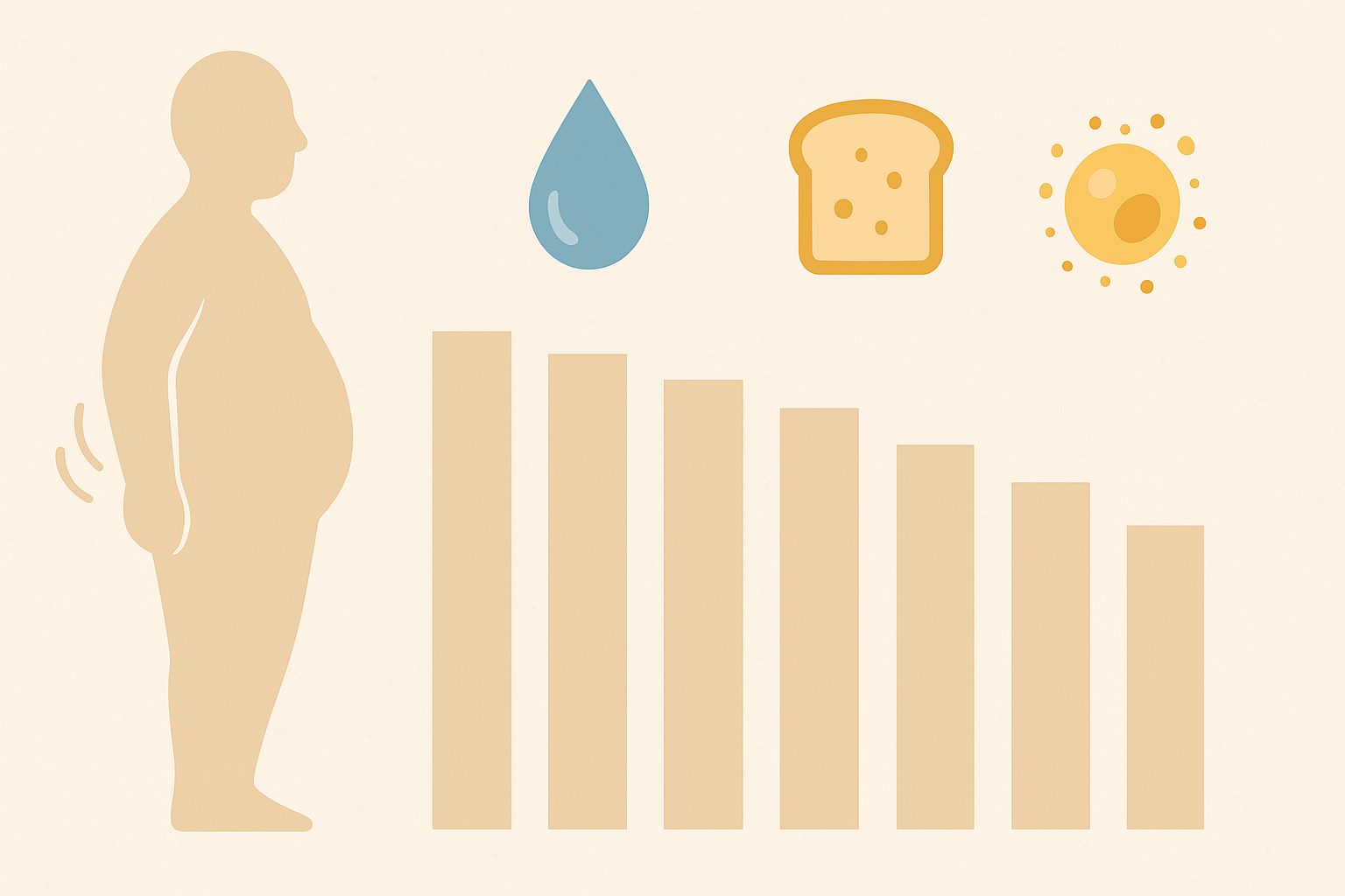 Conceptual illustration showing a human figure reducing body size over seven days with icons representing water, carbs, and fat loss, visualizing how to lose weight in 7 days safely.