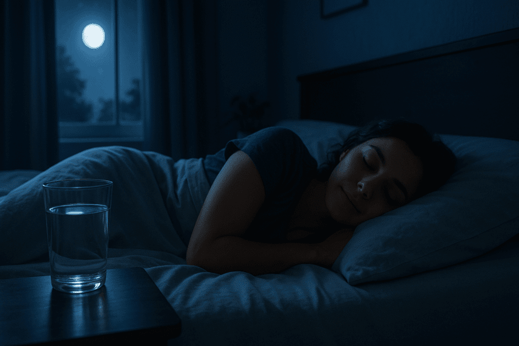 Woman sleeping peacefully at night with a glass of water on her bedside table, illustrating How to Lose Weight in 7 Days Safely through hydration and sleep.
