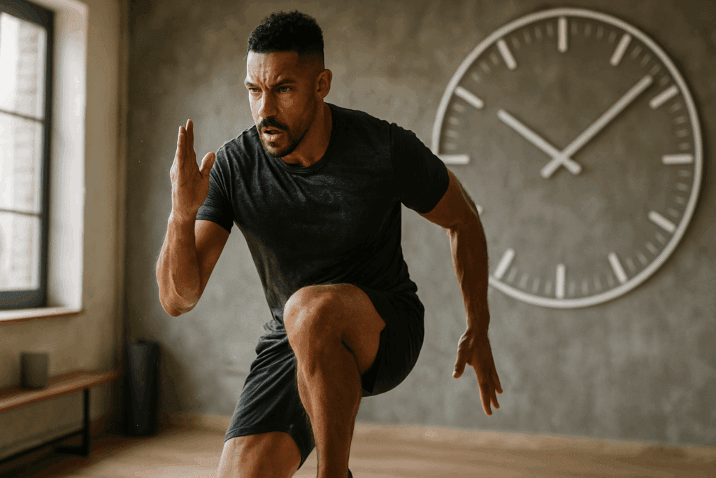 Man doing high-intensity interval training at home with a timer in background, showing effort for how to lose weight in 7 days safely