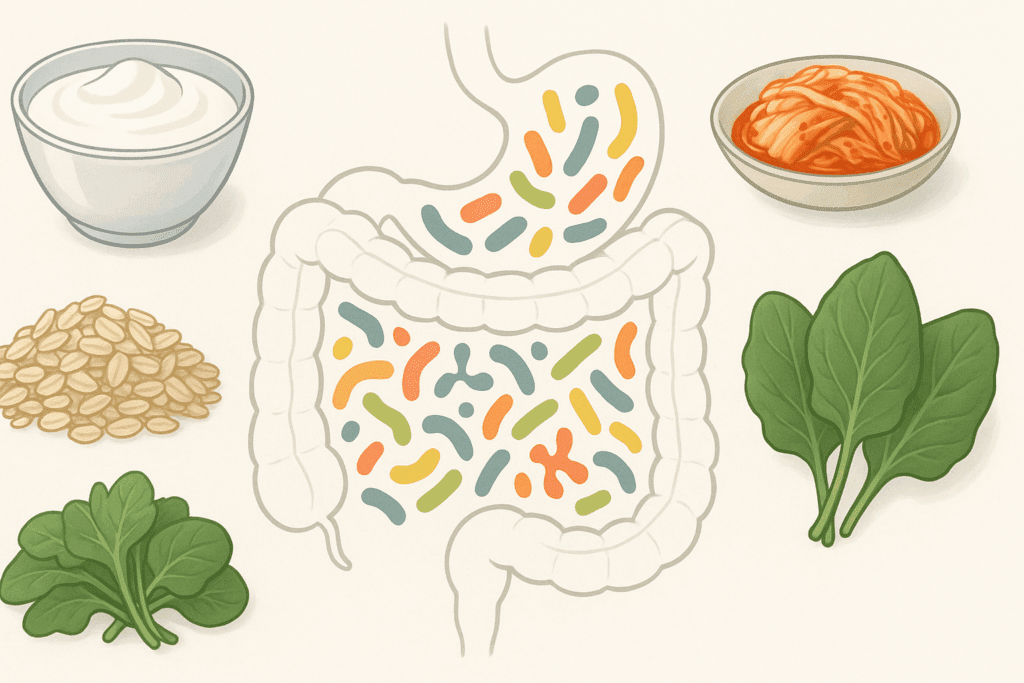 Colorful gut bacteria inside a transparent digestive tract surrounded by yogurt, kimchi, oats, and greens, promoting gut health in a guide on How to Lose Weight in 7 Days Safely.