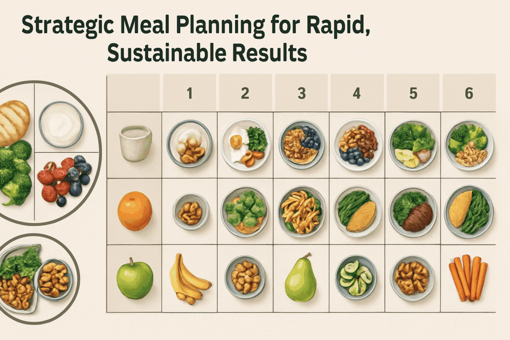 Infographic showing a 7-day meal plan with balanced whole foods like lean proteins, vegetables, and fruit—visual guide for how to lose weight in 7 days safely.