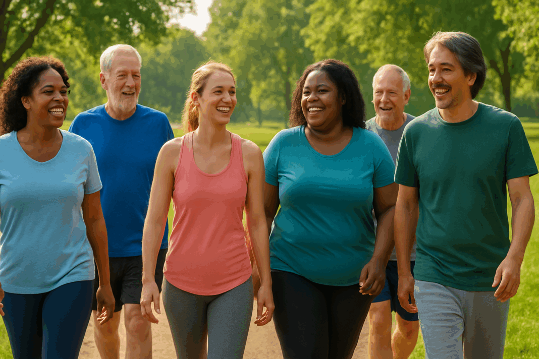 Diverse group of adults walking together in a sunny park, smiling and staying active, symbolizing how to get motivated to lose weight.