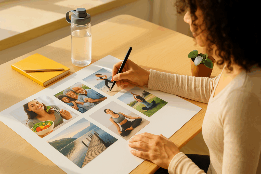 Person creating a vision board with wellness and family photos at a sunlit desk, illustrating how to get motivated to lose weight