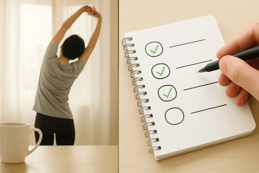 Person stretching beside a coffee mug and checklist of healthy habits being marked off—shows how to get motivated to lose weight with simple morning routines.