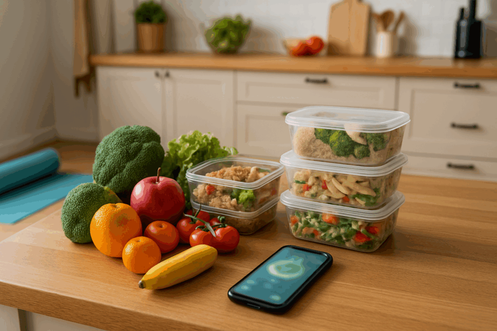 Meal prep containers, fresh fruits and vegetables, yoga mat, and blurred fitness app in a kitchen promoting how to get motivated to lose weight.