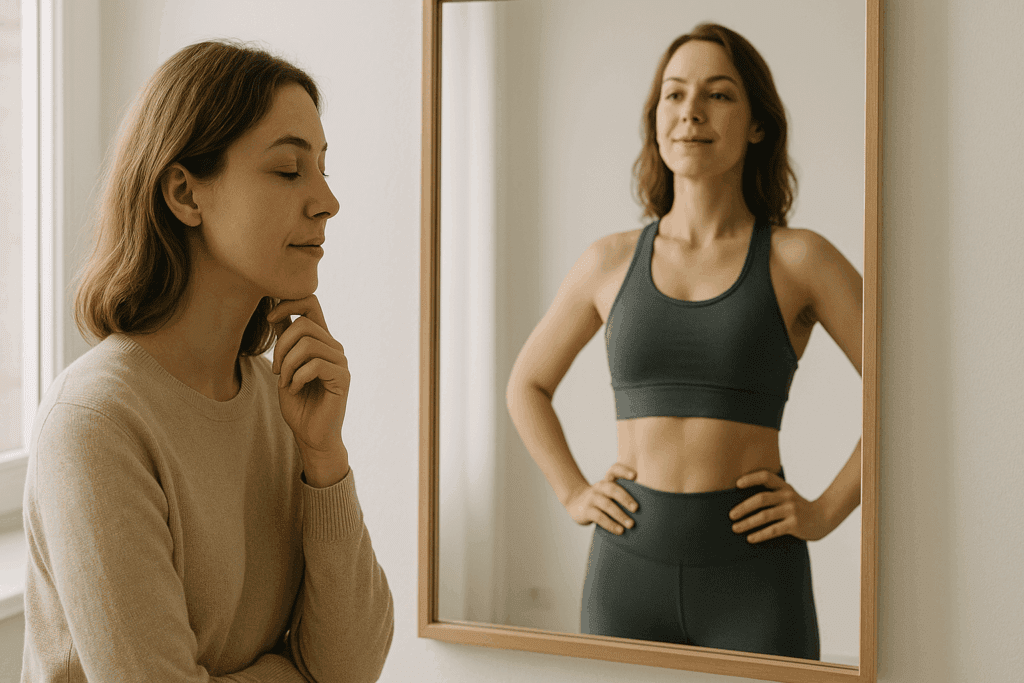 A woman gazes thoughtfully into a mirror, visualizing her fitter self in athletic wear—symbolizing how to get motivated to lose weight through self-identity shifts.
