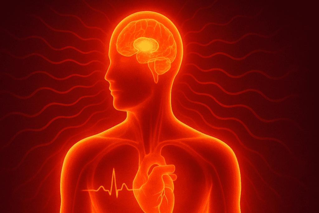 Digital medical illustration of a feverish body with glowing hypothalamus and elevated heartbeat, depicting why your heart races when you're sick