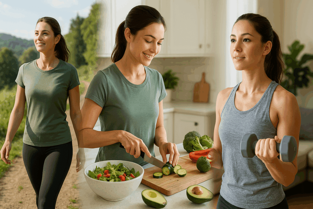 Fit woman walking outdoors, preparing a healthy salad, and lifting dumbbells indoors—showing the best way to burn calories through daily habits.