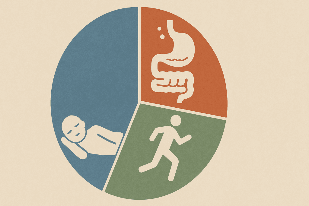 Conceptual pie chart infographic visually breaking down total daily energy expenditure with symbols for Basal Metabolic Rate, Thermic Effect of Food, and Physical Activity—illustrating the best way to burn calories