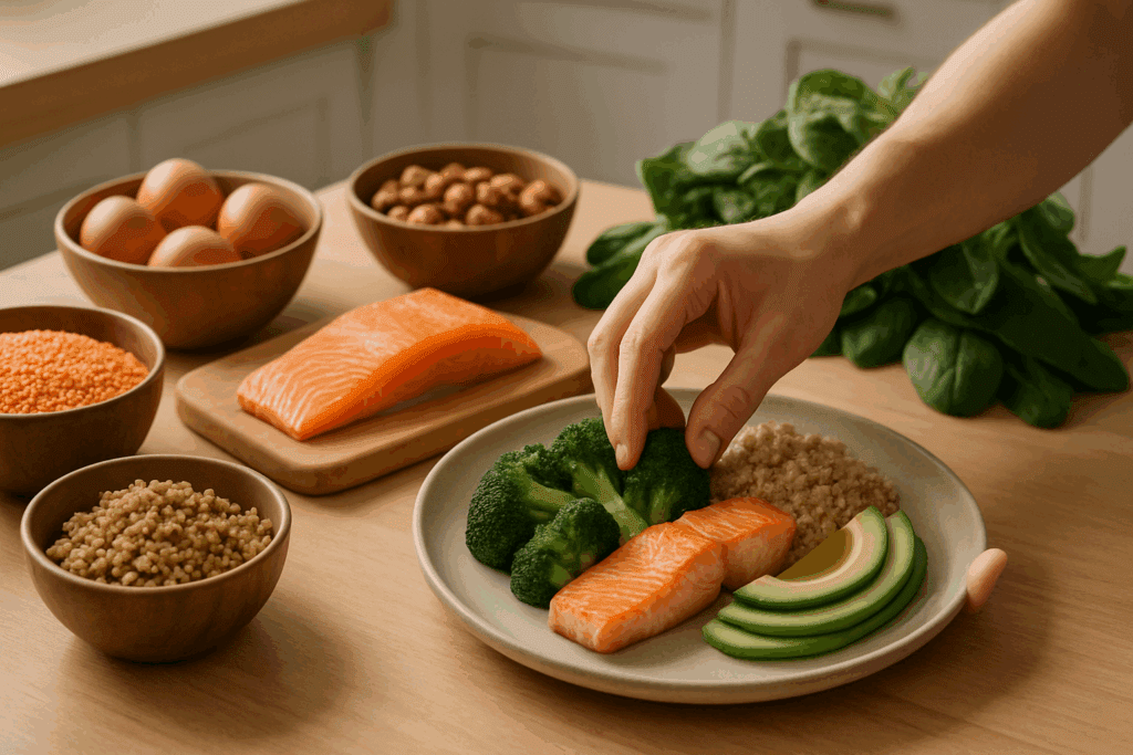 Balanced meal of salmon, quinoa, broccoli, and avocado on a kitchen counter illustrating the best way to burn calories through nutrition.