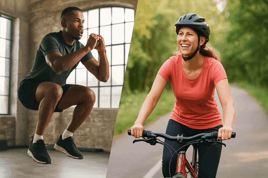 Split-screen of a man doing jump squats indoors and a woman cycling outdoors, illustrating the best way to burn calories through physical activity.