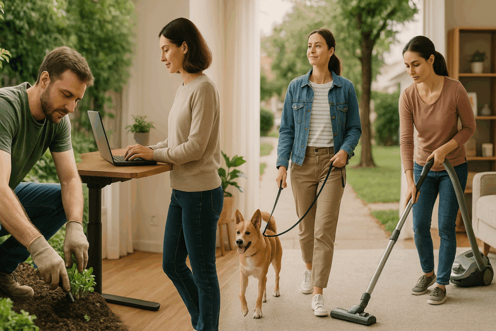 People gardening, walking a dog, vacuuming, and using a standing desk at home—everyday actions showing the best way to burn calories through NEAT.