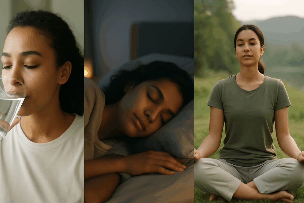 Best way to burn calories through hydration, restful sleep, and outdoor meditation shown in a calming three-part wellness image