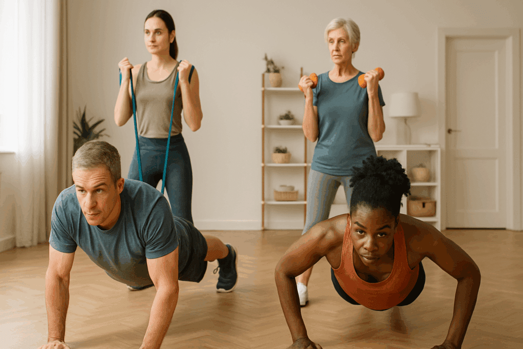 Diverse group of people doing strength-building exercises at home, showing the best way to burn calories through bodyweight and resistance training.