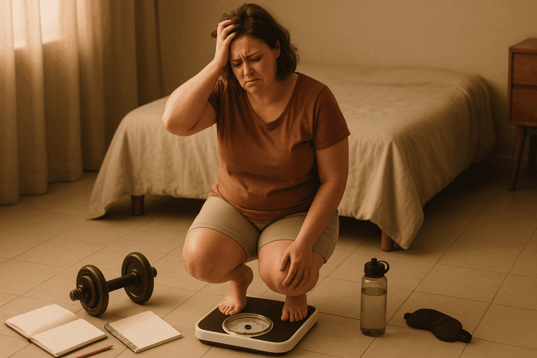 Frustrated woman on bathroom scale surrounded by fitness gear and journal, symbolizing a weight loss plateau journey.