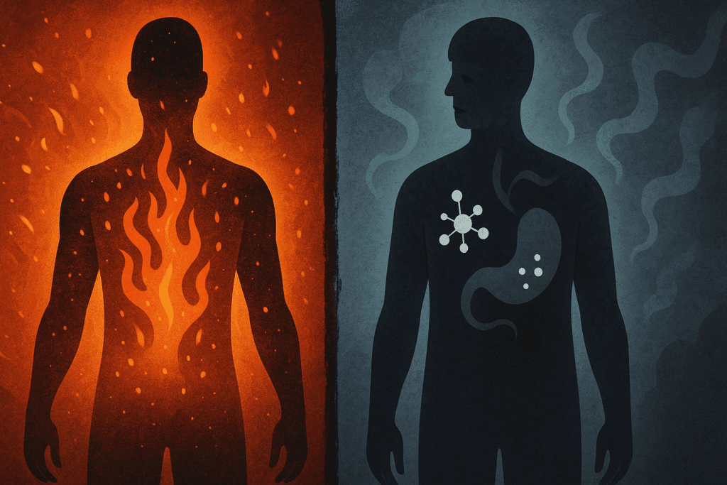 Split-screen concept showing the body’s metabolic response during a weight loss plateau, with high and low energy states visually contrasted.