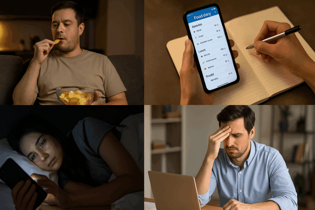 Collage of lifestyle habits contributing to a weight loss plateau, including late-night snacking, poor food tracking, disrupted sleep, and workplace stress