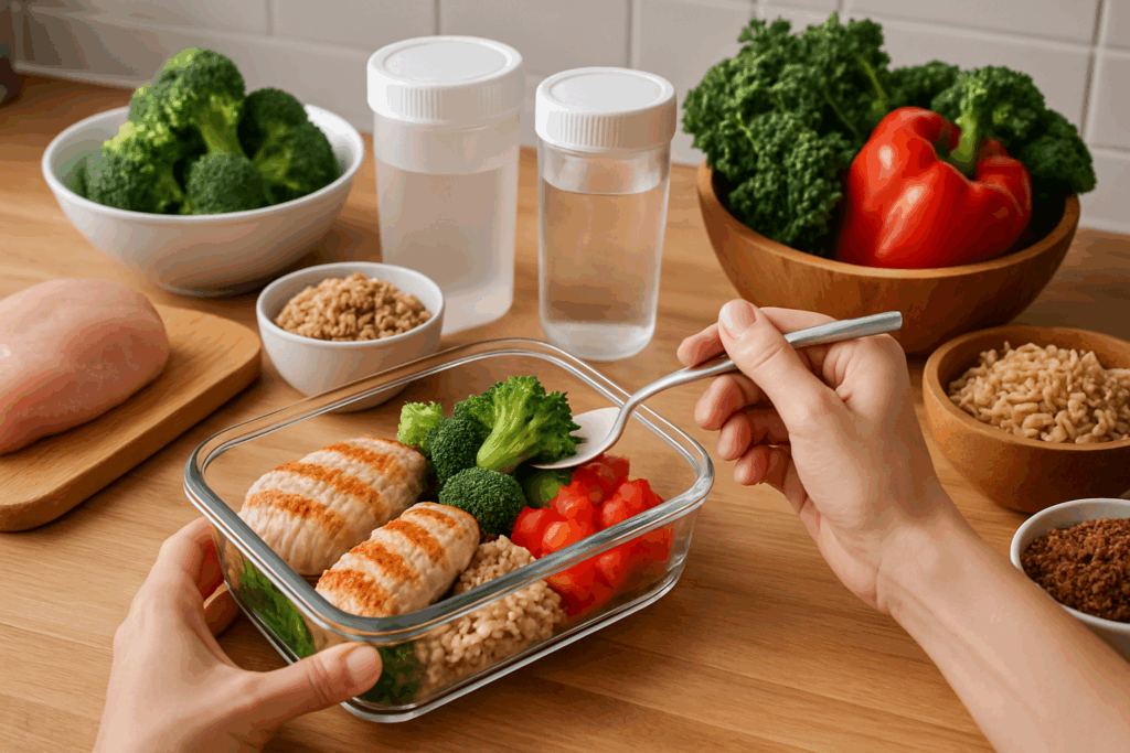 Meal prep scene with lean chicken, broccoli, brown rice, and vegetables on a kitchen counter to support breaking a weight loss plateau.