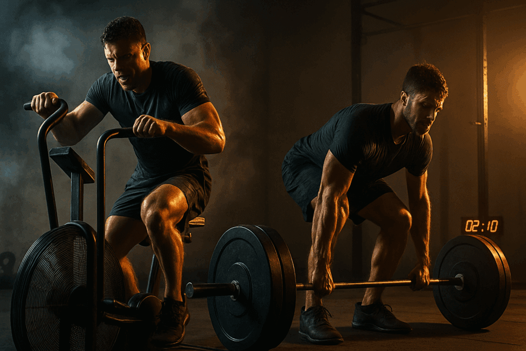 Man battling a weight loss plateau with high-intensity interval training and heavy deadlifts in a gritty gym setting