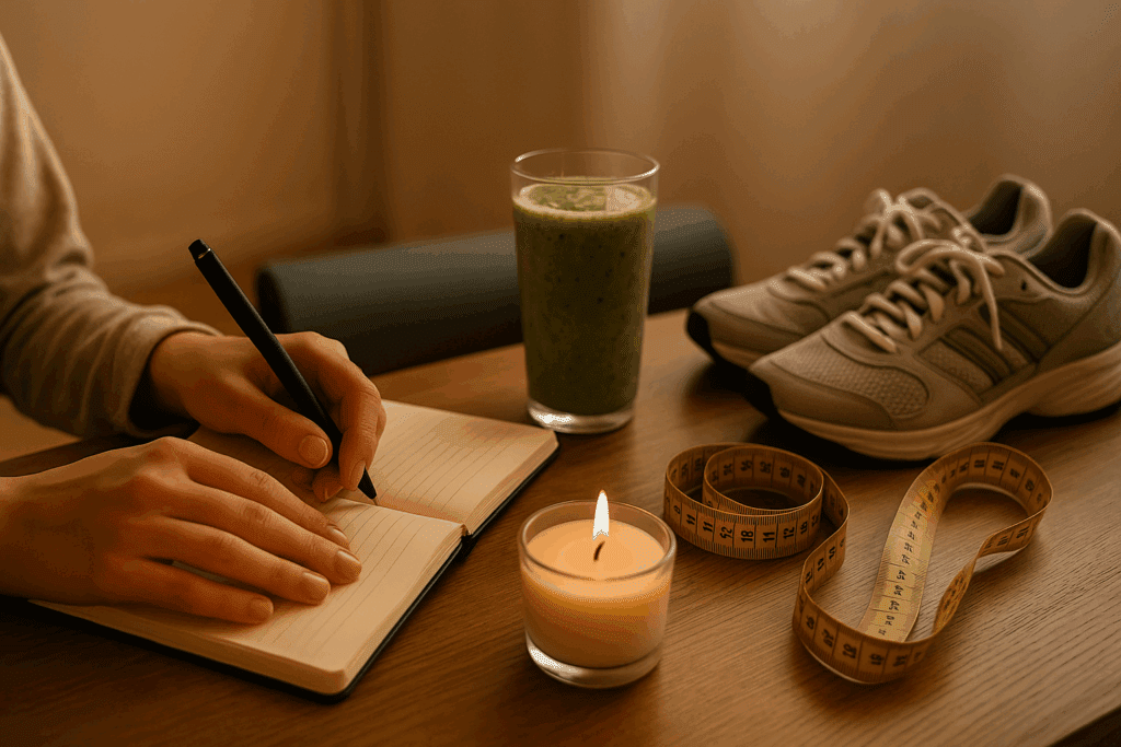 Person journaling beside candlelight with smoothie, running shoes, and measuring tape—reflecting on overcoming a weight loss plateau.