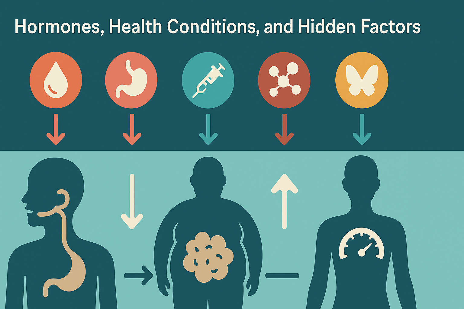 Infographic showing how hormones like insulin, leptin, and cortisol influence appetite, metabolism, and fat storage during a weight loss plateau.