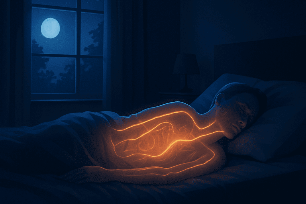 Peaceful adult sleeping in moonlit bedroom with glowing metabolic pathways, symbolizing how to lose weight while sleeping