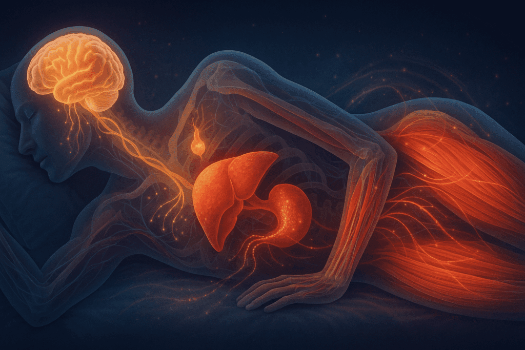 Human body in deep sleep showing brain, liver, muscles, and hormone activity to illustrate how you lose weight while sleeping
